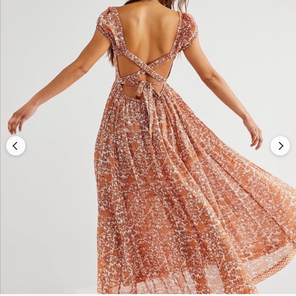 Free People-Ultraviolet Dress- Rust & White Floral Smocked Maxi Dress, size S